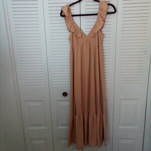 CAUTION TO THE WIND S TAN/BEIGE RIBBED RUFFLLED TIERED MAXI SUNDRESS V-NECK Y2K